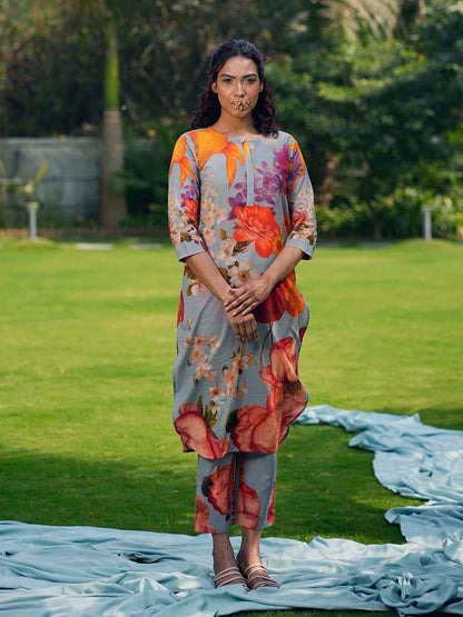 Botanical Cotton Grey Kurta Co-Ord Set