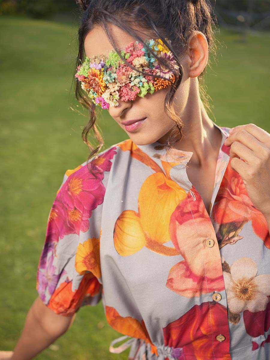 Botanical Grey Cotton Printed Tie Dress