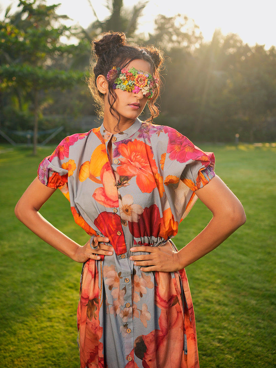 Botanical Grey Cotton Printed Tie Dress