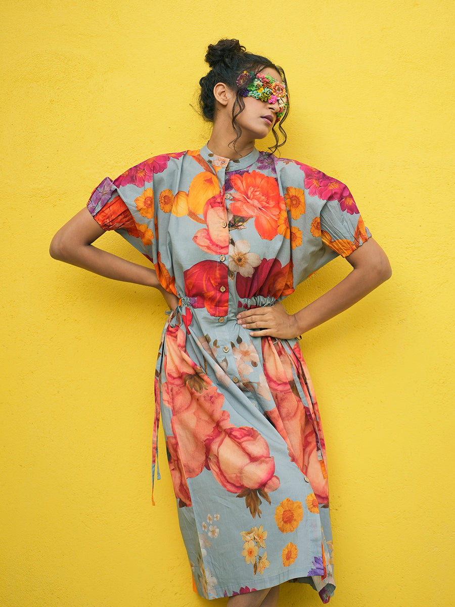 Botanical Grey Cotton Printed Tie Dress