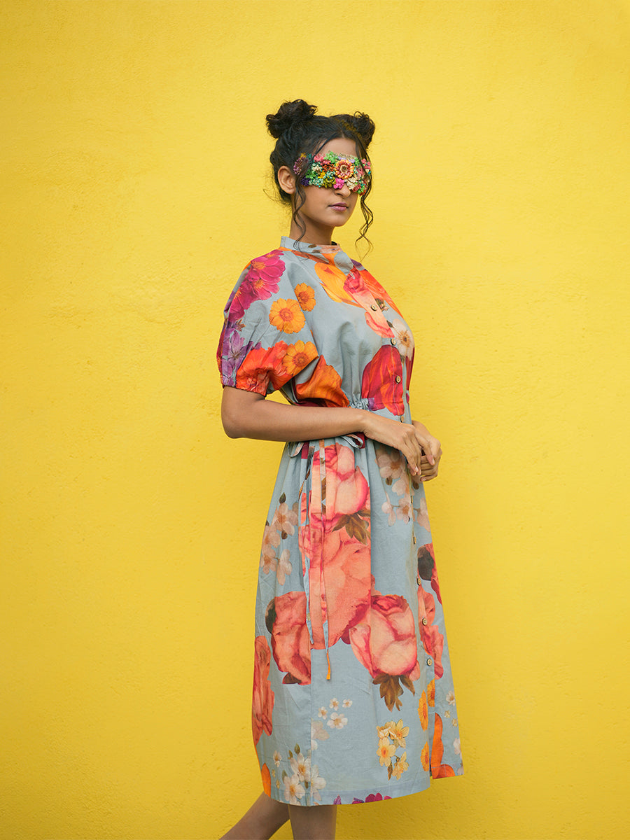 Botanical Grey Cotton Printed Tie Dress