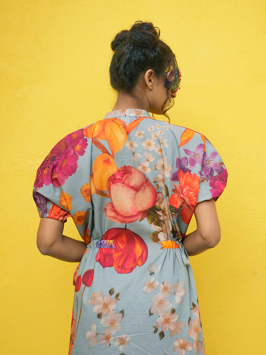 Botanical Grey Cotton Printed Tie Dress