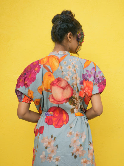 Botanical Grey Cotton Printed Tie Dress