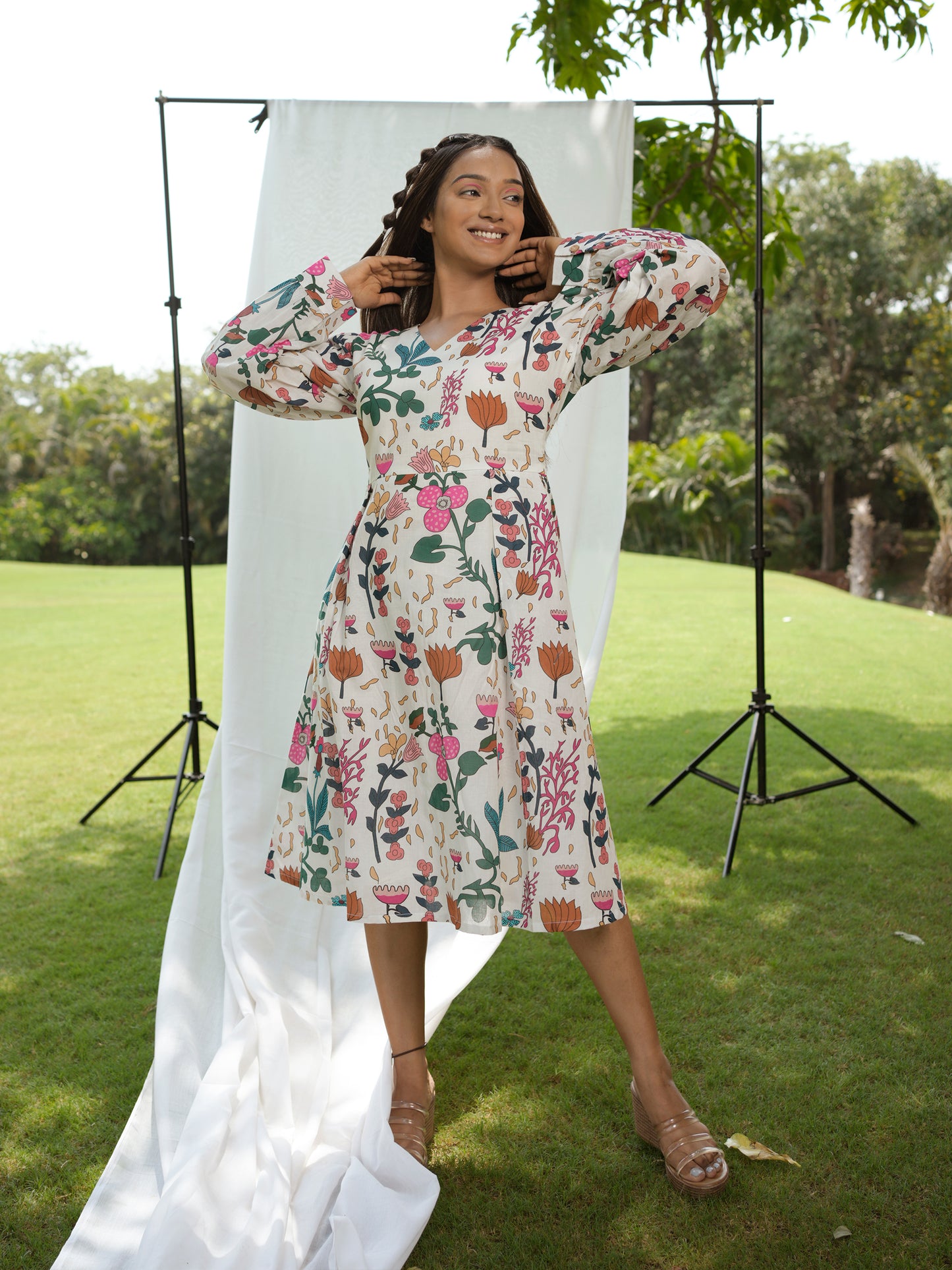 White Botanical Printed Dress