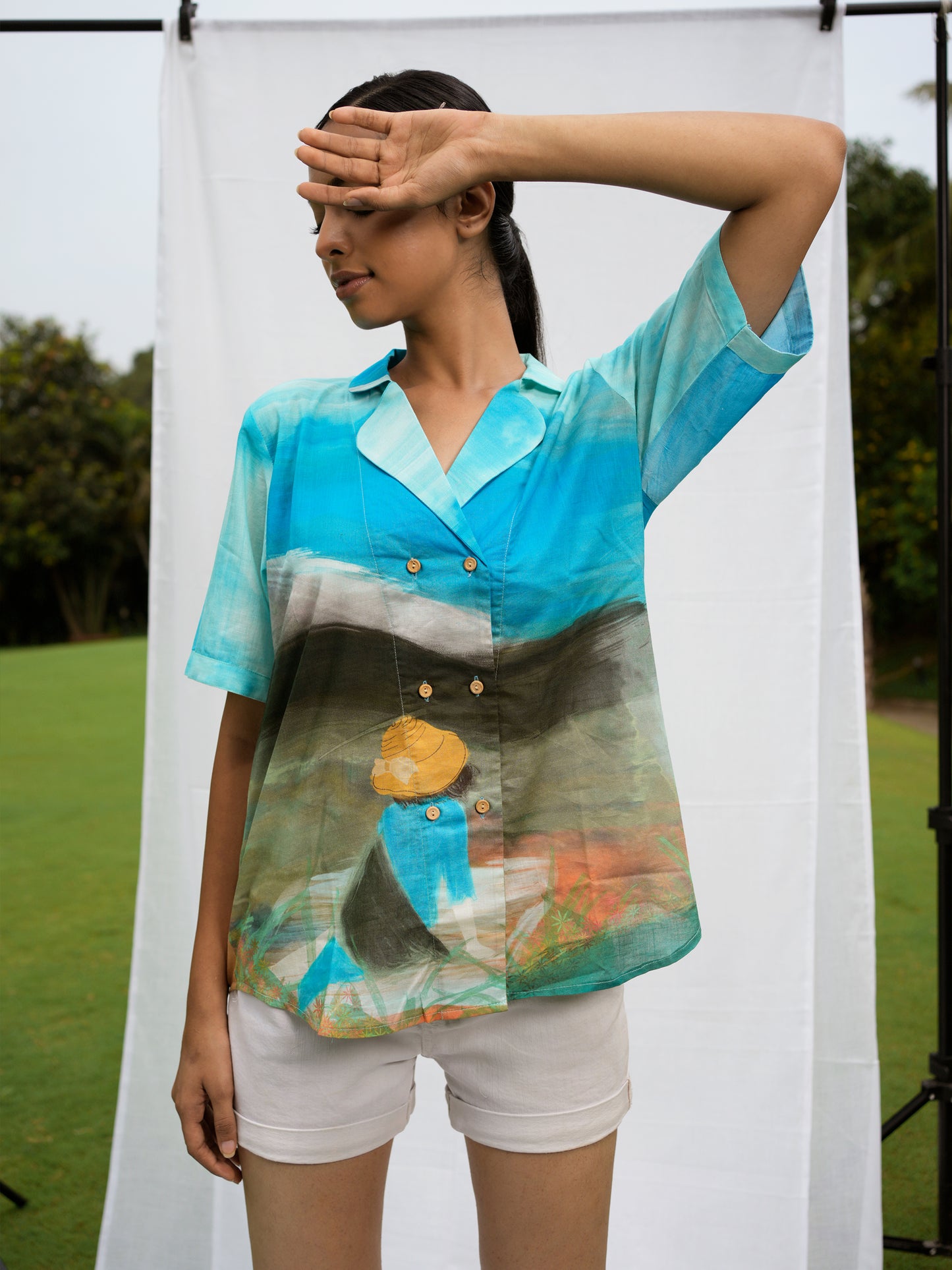 Philippino shirt top front view with tropical print and casual fit