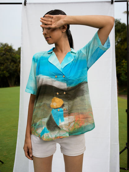 Philippino shirt top front view with tropical print and casual fit
