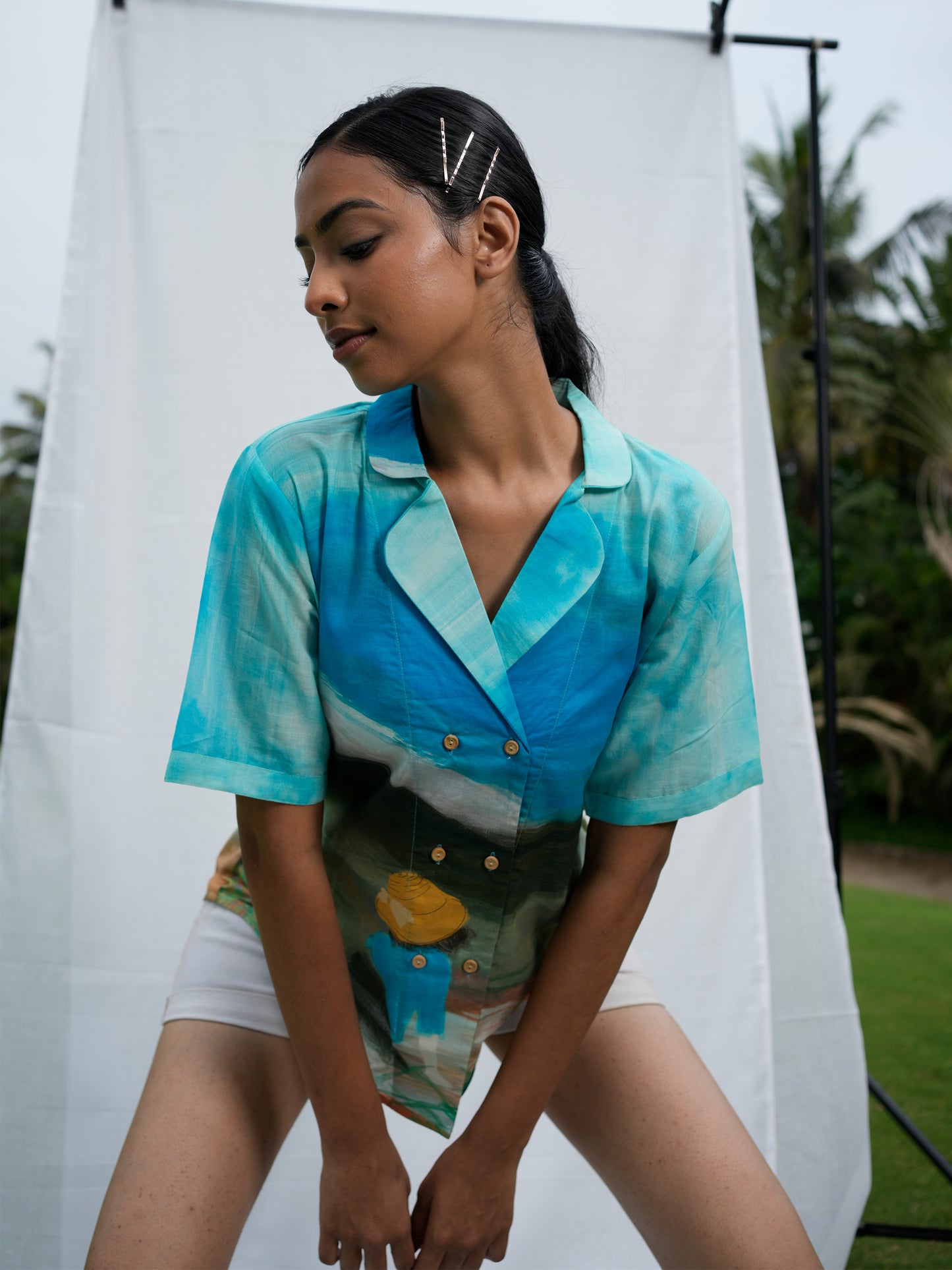 Close-up of soft rayon fabric with detailed tropical print on Philippino shirt