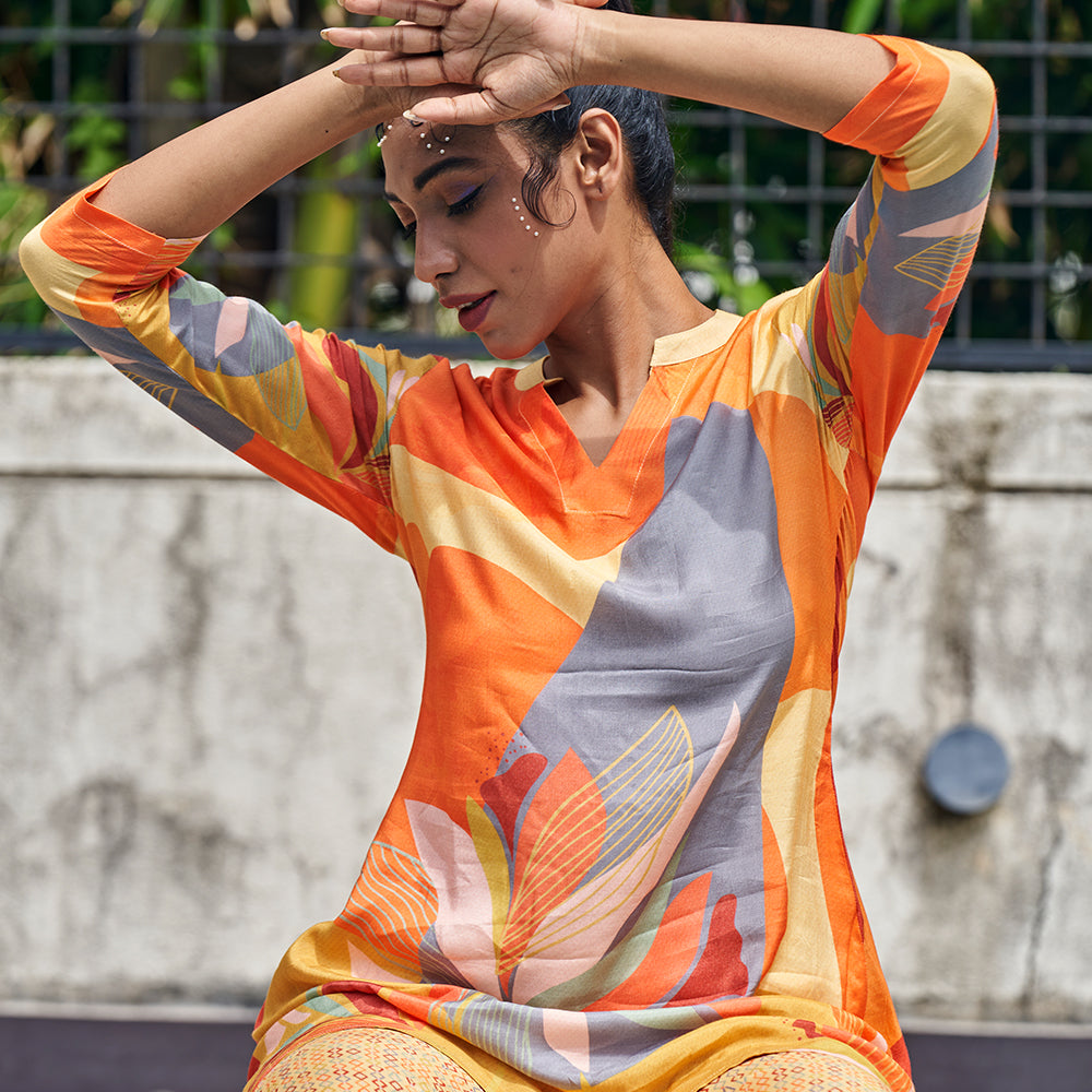 Flower Motif Muslin Kurta Set