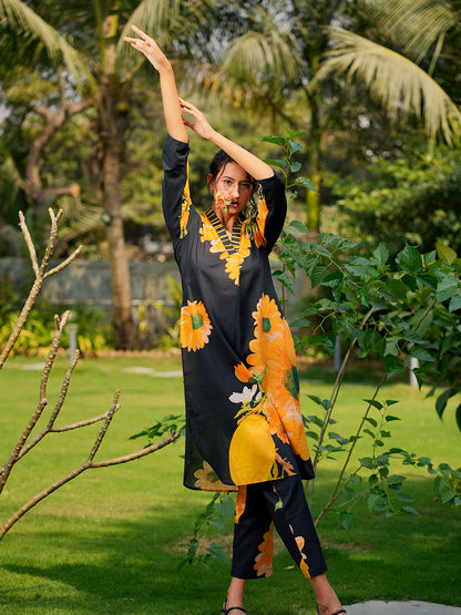 Sunflower cotton co-ord set styled with minimal accessories for a summer-ready look
