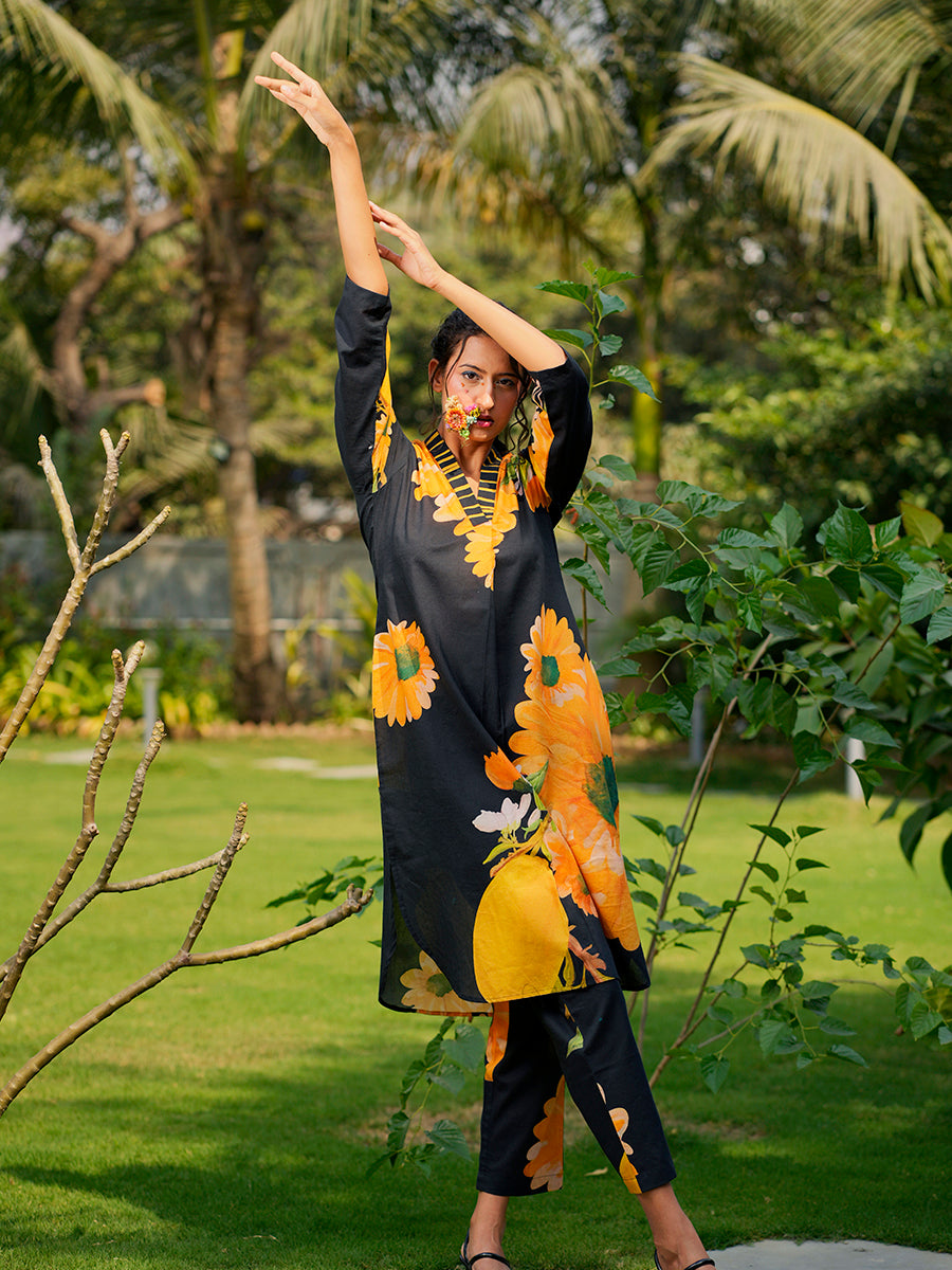 Sunflower cotton co-ord set styled with minimal accessories for a summer-ready look