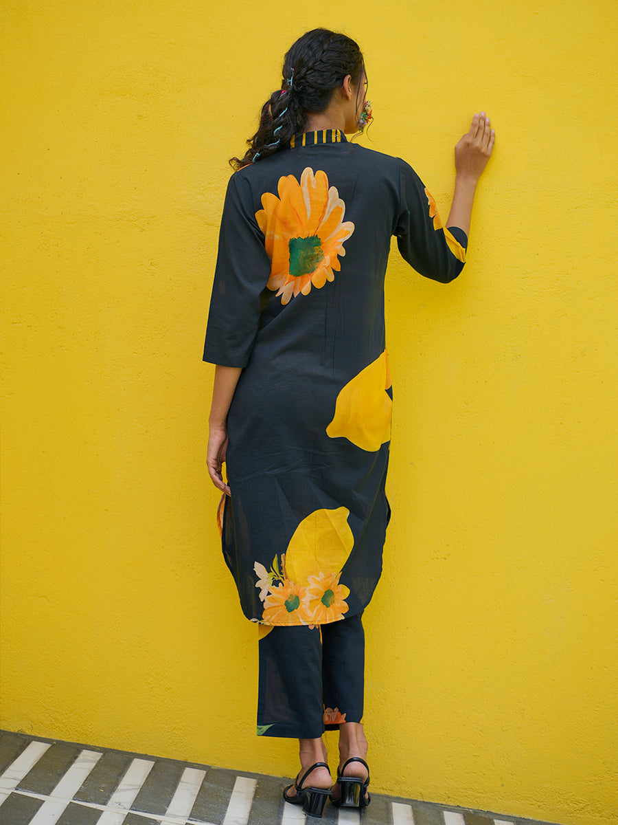 Back view of sunflower printed kurta co-ord set with straight-cut silhouette