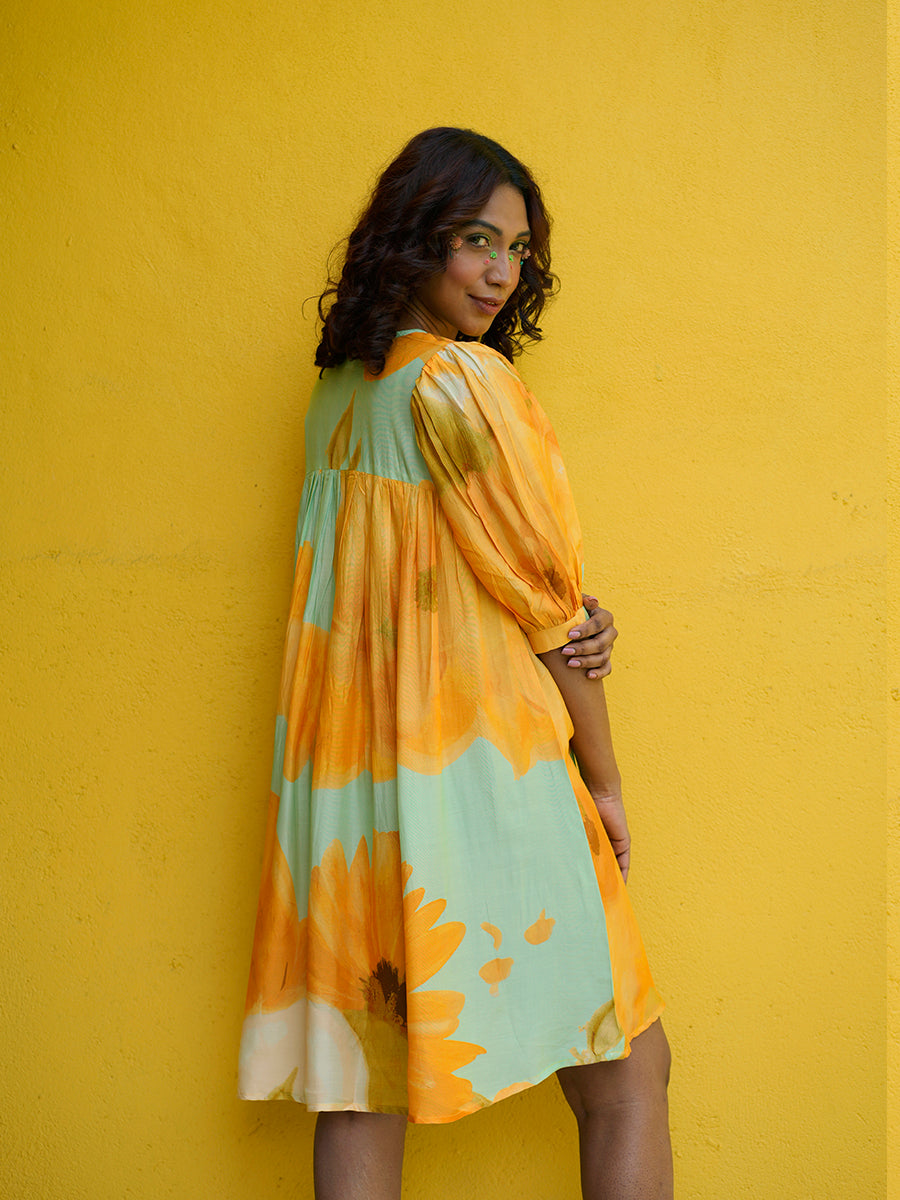 Back view of Yellow Sunshine Flow Dress highlighting the flowy silhouette


