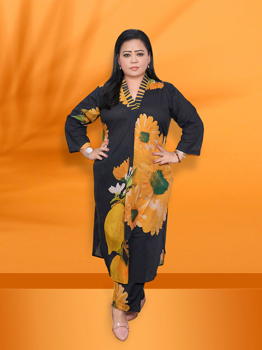 Front view of model wearing sunflower print cotton kurta co-ord set with relaxed fit and 3/4th sleeves
