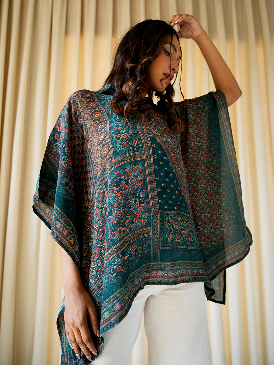  Abstract printed crepe silk kaftan top displayed on a model, showcasing its flowy silhouette.