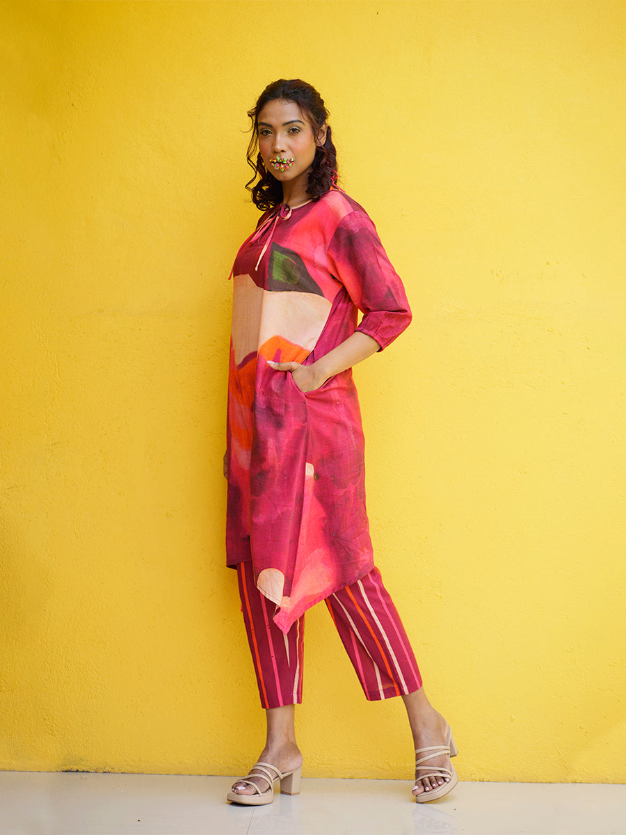 Flat lay of cherry print long kurta and co-ord pants set in breathable cotton