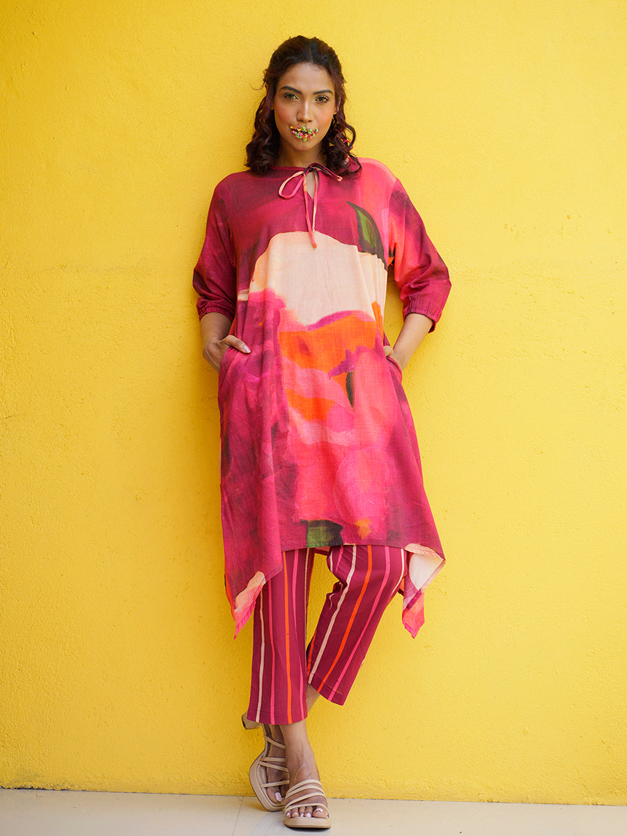 Full front shot of cotton cherry print kurta set styled for festive and casual occasions