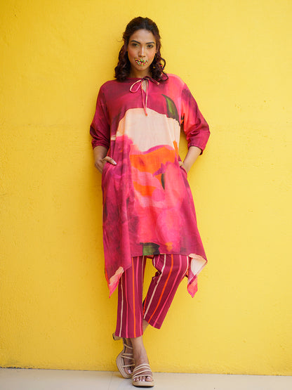 Full front shot of cotton cherry print kurta set styled for festive and casual occasions