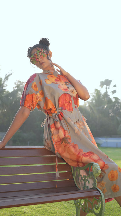 Botanical Grey Cotton Printed Tie Dress