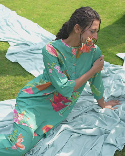 Sea Green Printed Cotton Kurta Co-Ord Set
