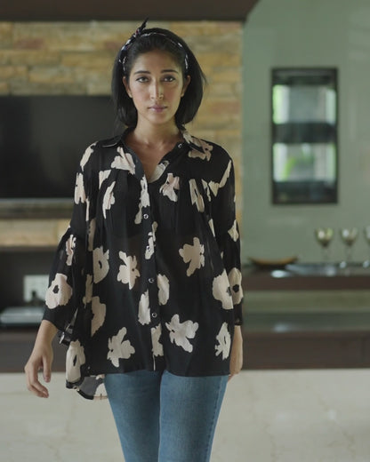 Black Chinon Floral Top