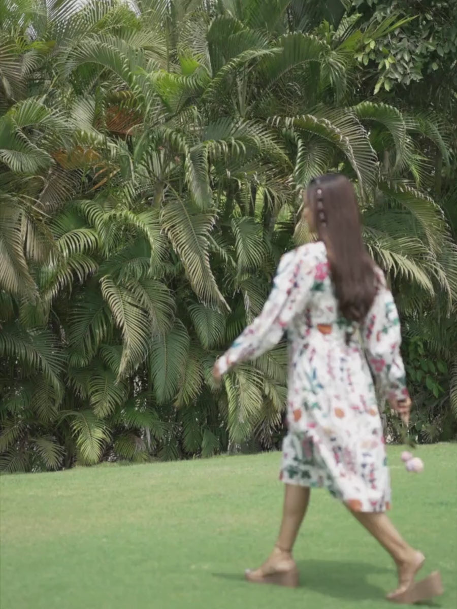 White Botanical Printed Dress