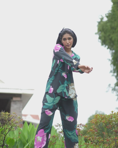Natural Crepe Ebony Floral Co-Ord Set